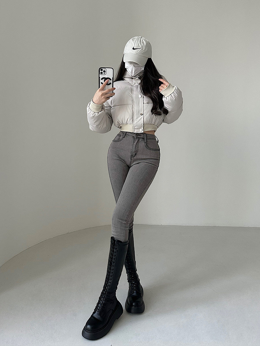 Hot Girl Fashionable Stand Collar Zipper Elastic And Waisted Warm Quilted Jacket Short Cotton Coat Women