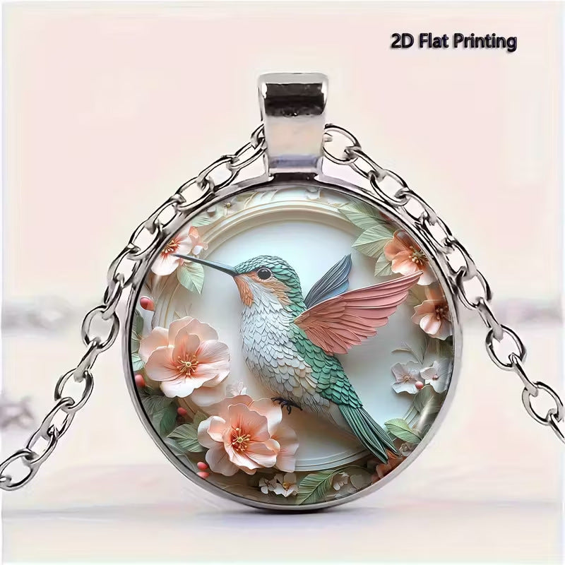 Retro Creative Hummingbird And Flower Flower Pattern Round Necklace