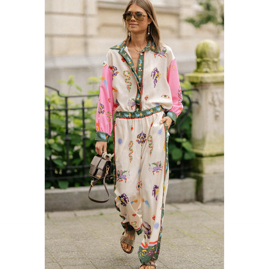Long Sleeve Pocket Abstract Printing Loose Casual Two-piece Suit Women