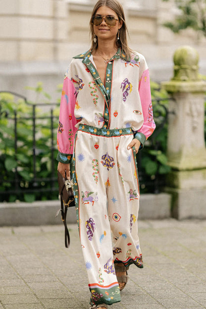 Long Sleeve Pocket Abstract Printing Loose Casual Two-piece Suit Women