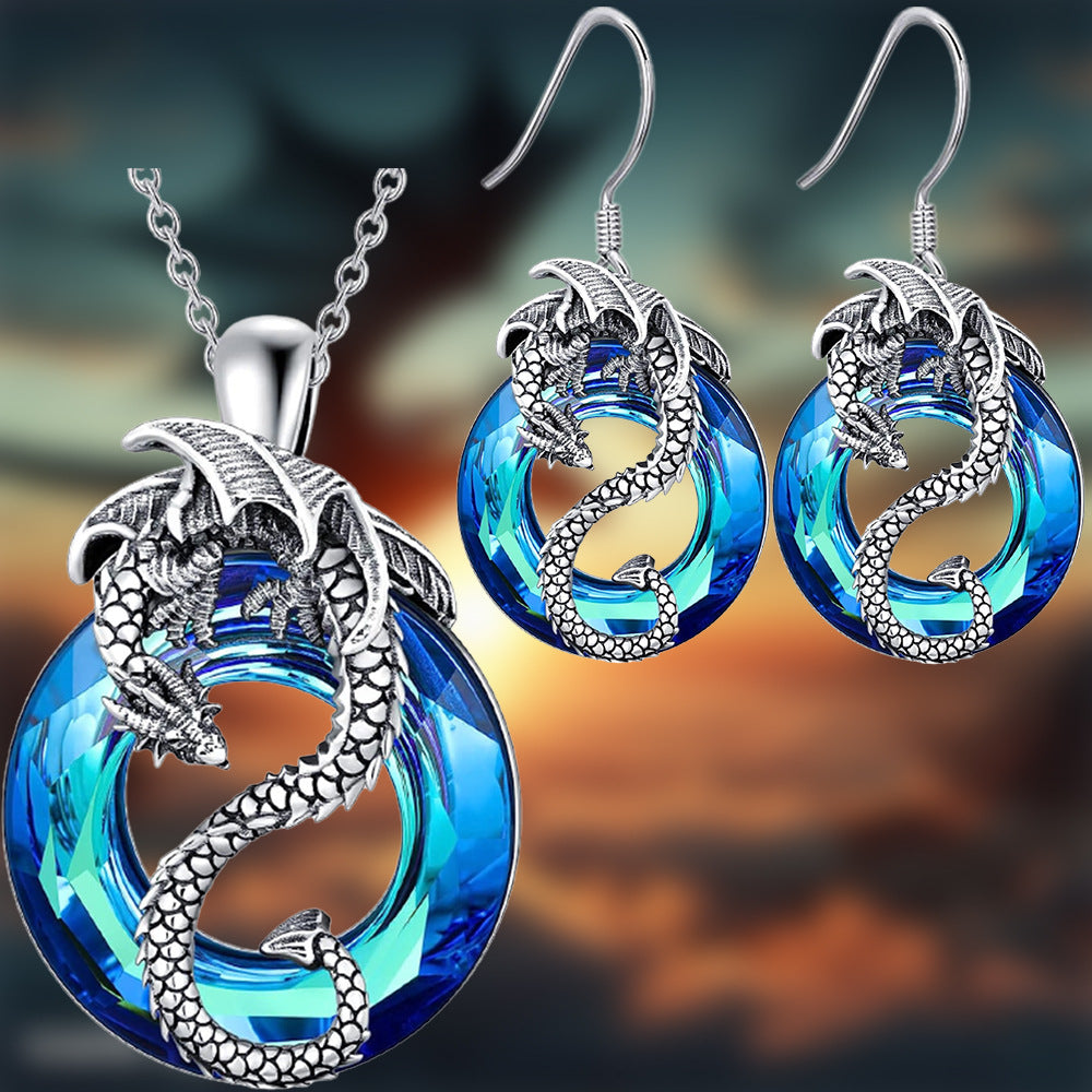 Hollow Crystal Ring Flying Dragon Necklace Earring Set