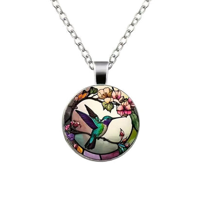 Retro Creative Hummingbird And Flower Flower Pattern Round Necklace