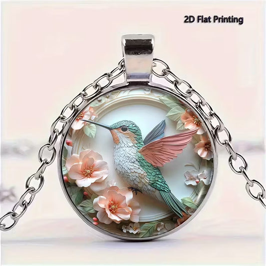 Retro Creative Hummingbird And Flower Flower Pattern Round Necklace