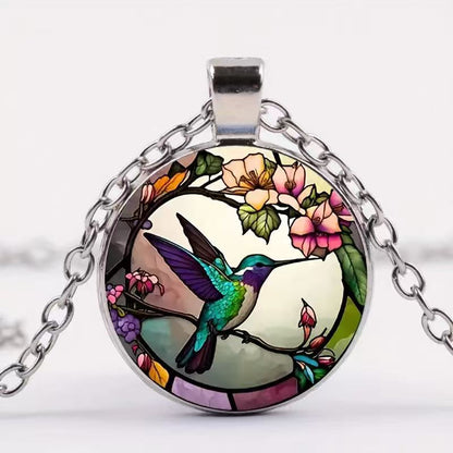 Retro Creative Hummingbird And Flower Flower Pattern Round Necklace