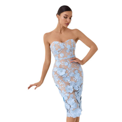 French Embroidery Flower Tube Top Dress Women