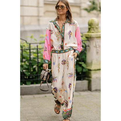 Long Sleeve Pocket Abstract Printing Loose Casual Two-piece Suit Women